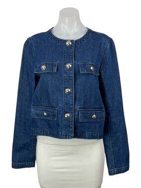 Ann Taylor Blue Long Sleeves Patch Pocket Cropped Denim Jean Coat Jacket Size S